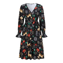 KOJOOIN Women's A-line dresses, Christmas dress, festive party dress, casual, knee-length, swing evening dress, casual dresses (reusable packaging), Black-e