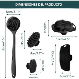 5 Cepillos Corporales de Silicona, Limpiador de Baño para Hombres y Mujeres Set de Cepillo Espalda Mango Largo, Facial, Champú, Cuero Cabelludo, Masaje, para Limpieza Profunda, Masajear y Relajante
