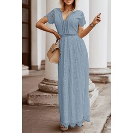 MEROKEETY Women's 2024 V Neck Short Sleeve Floral Lace Wedding Dress Bridesmaid Cocktail Party Maxi Dress, GrayBlue, Large