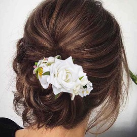 Yheahin Bridal White Rose Flower Hair Comb Boho Handmade Floral Headpiece Wedding Flower Hair Accessories for Women Brides Bridesmaids (White 7)