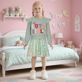 WISREMT Toddler Girls Dress Baby Fall Clothes Letter Embroidery Long Sleeve Sweatshirt and Tutu Skirt Girl Birthday Outfit (Green, 2-3T)