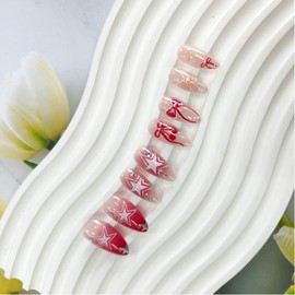 24Pcs Bow Press on nails Medium Almond Fake Nails Star Glue on Nails Red Gradient False Nails with Rhinestones Design Acrylic Nails Glossy Full Cover Stick on Nails for Coquette Women Girls