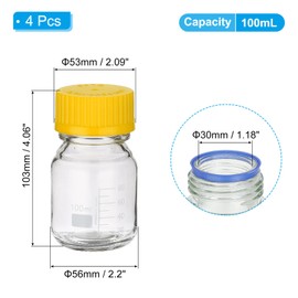 PATIKIL 4 Pack Reagent Media Storage Bottles, 100ml Borosilicate Glass Graduated Round Bottles with GL32 Yellow Screw Cap for Lab Water Reagent Liquids, Clear