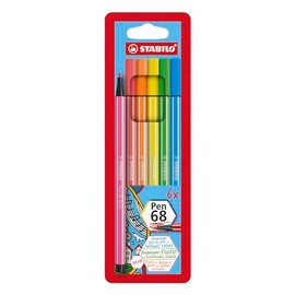 Bolígrafo de punta de fieltro de alta calidad STABILO Pen 68 – portafolios de 6 – Colores neón
