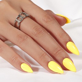 SXVME Yellow Press On Nails Almond - Summer Press On Nails Medium Stiletto, Opaque Solid Bright Yellow Fake Nails with Glue, Fit Perfectly, Reusable Soft Gel Stick on Nails for Women, 24 Pcs