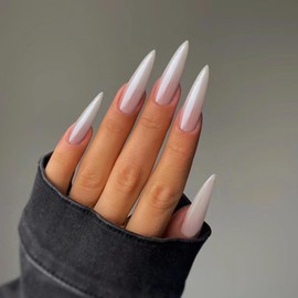 Vopintpy Extra Long Stiletto Press On Nails - Aurora White Solid Color Fake Nails Mirror Ballerina Acrylic Nails with Glue On, Reusable Full Cover Stick On Nails for Women - DIY Charm Manicure
