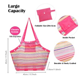 COOLGO Pink Beach Toy Bag with Reinforced Nets Foldable Sand Toy Mesh Bag XXL for Beach & Family Robust Beach Bag for Beach, Swimming Pool, Holiday, Lightweight, Pink Mesh/Pink Strap, XXL