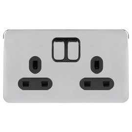 Schneider Electric GGBL3020DBPC Lisse Screwless Deco, Switched Double Power Socket, Double Pole, Polished Chrome with Black Insert, 13A, Pack of 5