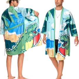 OLAOLA Men's Bathrobe Lightweight Kimono Dressing Gown Men Women Unisex Comfortable Soft Long Sauna Robe Microfibre Lightweight Quick-Drying Bathrobe, Dinosaurs, L