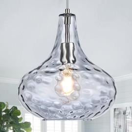 CATINER 11" Smoked Hammered Glass Pendant Light – Blown Glass Ceiling Fixture with Brushed Nickel Finish, Modern Industrial Lighting for Kitchen Island, Dining Room, Hallway, Living Room