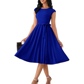 Nmoder Cocktail Summer Elegant Fit and Flare Dresses for Women Vintage Tea Party Cap Sleeve Dresses with Belt & Pockets Royal Blue 2XL