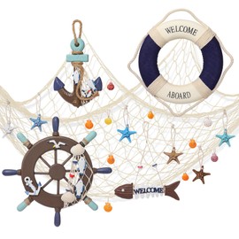 Marsui 11 Pcs Wooden Nautical Wall Decor Fishing Net Decoration, Include Decorative Fishing Net, Ship wheel, Fish Skeleton, Life Ring, Anchor, Starfish Beach Decor for Mediterranean Party (Brown)