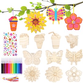 30 Pieces Craft Sets for Children, Craft Children Butterfly Flower Ice Cream Wooden Pendant for Painting, Children's Birthday Crafts Girls, DIY Creative Set with Watercolour Pencils, Gemstone Stickers