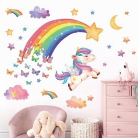 TOARTi Rainbow Unicorn Wall Stickers Butterfly Cloud Decor for Girls Bedroom Wall Stars Wall Decals Large Rainbow Sticker for Wall Kids Room Baby Nursery Colorful Art Decor