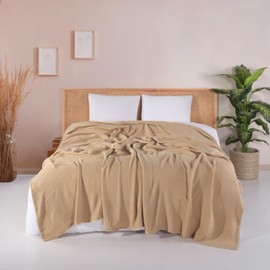 RAYME TEKSTIL Muslin Blanket, Pure 100% Turkish Cotton, Ultra Soft, Lightweight, Decorative, Versatile (Beige, California King Size (95" x 125" inch))