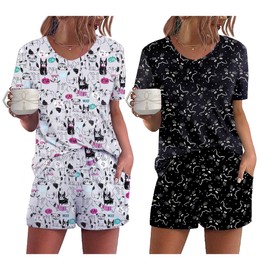 Ekouaer 2 Pack Women Pyjamas Set Short Sleeve Sleepwear PJ Set with Pockets Cute printed Nightwear Puppy/Cat M