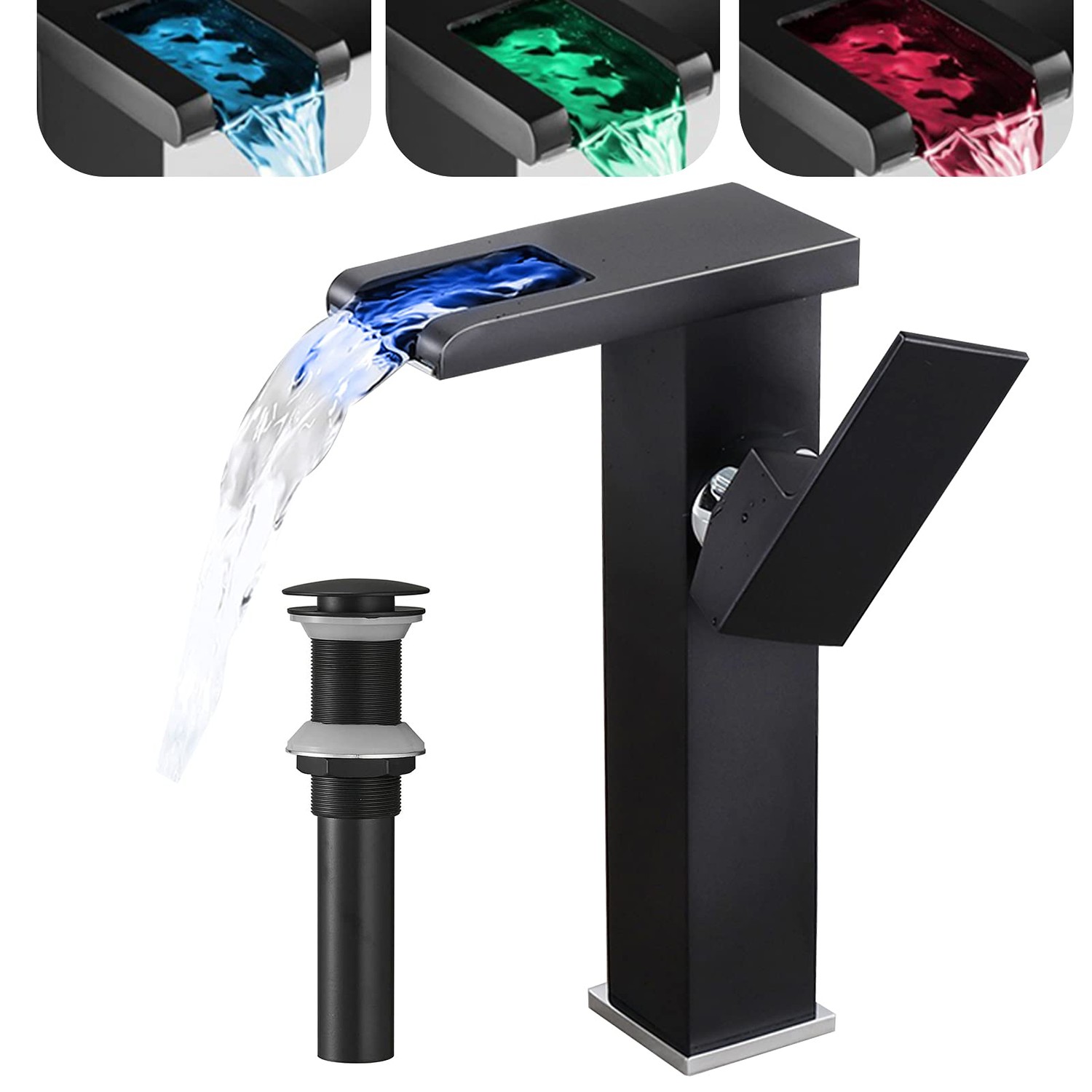Black Bathroom Vessel Faucet Led Light 3 Color Changing Waterfall ...