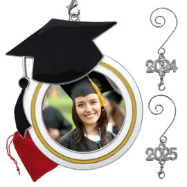 Graduation Christmas Photo Ornament Dated Charms for 2024 & 2025 - Graduation Hat Design Congratulations Senior Students Storage Bags Included - Pack of 2