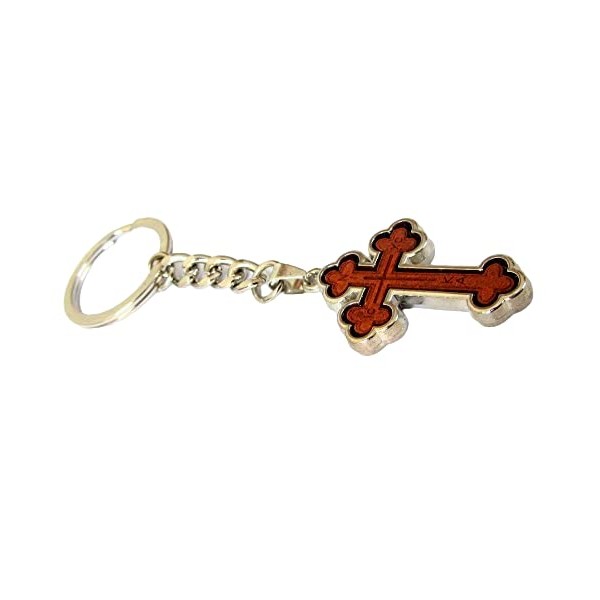 IconsGr 3 Pcs Wooden Metal Cross Key Chains Two Sided Christian Orthodox Greek Religious Key Chains Brown M