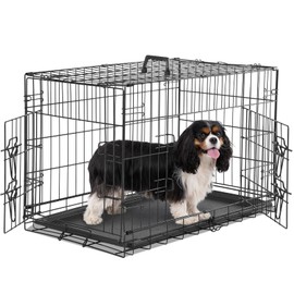 Sweetcrispy Medium Dog Crate with Divider Panel, 30 Inch Double Door Folding Metal Wire Dog Cage with Plastic Leak-Proof Pan Tray, Pet Kennel for Indoor, Outdoor, Travel