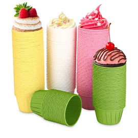 Pack of 200 paper muffins, baking cups, greaseproof cupcake moulds, disposable baking cups in green, pink, yellow and white, for baking, dessert, party, birthday, wedding
