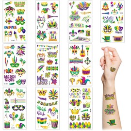 Mardi Gras Tattoos Temporary,10 Sheets Mardi Gras Party Favor Tattoo Sticker for Mardi Gras Decoration, Carnival, Parade Masquerade Party Supplies
