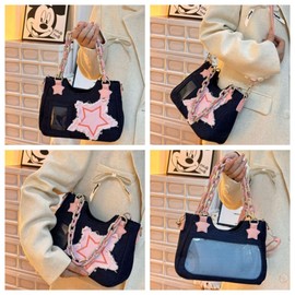 Vobomo Denim Stars Kawaii Single Shoulder Crossbody Bag Ita Bag Y2k Chains Handbag Aesthetic Cute Crossbody Bag (Dark Denim)