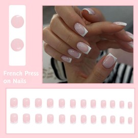 24PCS French Press on Nails Short,Square False Nails with Elegant White Edge,Full Cover Nude White Stick On Nails,French Fake Nails with Glue Removable Nail Art Gifts for Women and Girls