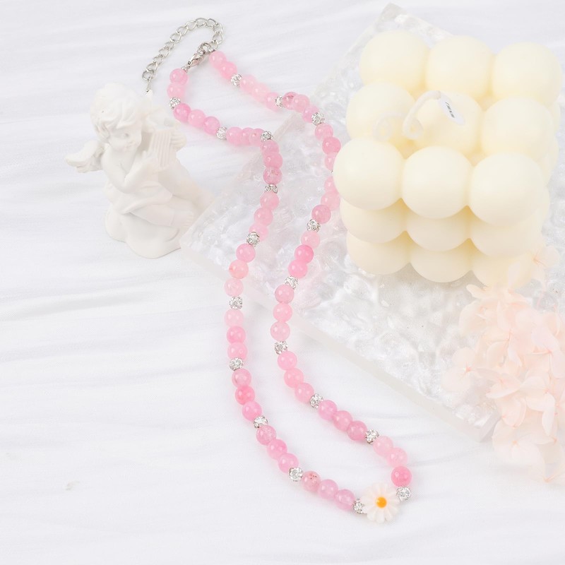 NEKOL Bohemian Pink Beaded Necklace for Women with Cute Daisy