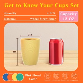 Homienly Wheat Straw Cups Alternative to Plastic Cups Set of 4 Premium Drinking Glasses - 12 OZ, Unbreakable Drinking Cups, Dishwasher & Microwave Safe Tumbler Cups for Kitchen, Kids, Picnic - Multi