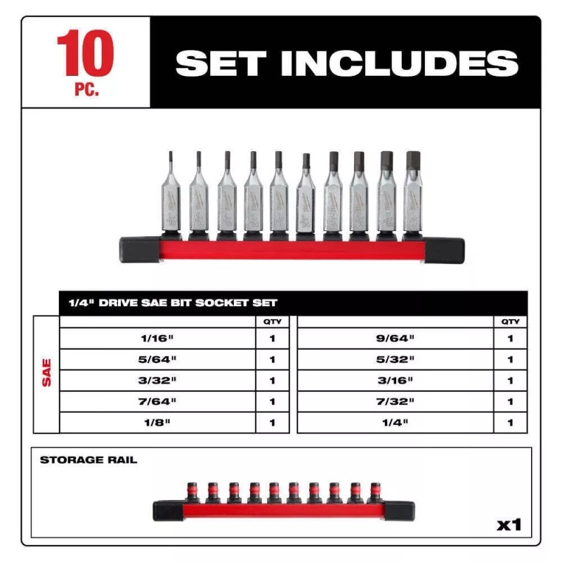 Milwaukee 48-22-9540 1/4" Drive Hex Bit Socket Set - 10
