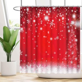 Funnytree Christmas Shower Curtain Bathroom Red Xmas Snowflake New Year Winter Home Bathtubs Curtain Decoration Set with 12 Hooks Easy Care Waterproof Washable Soft Durable Polyester Fabric 72"x72"