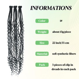 Dsoar Clip-In Dreadlock Extensions, Boho Curly Ended Synthetic Dreads with Clips, Soft Crochet Loc Extensions, 22 Inches, Pack of 3