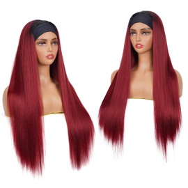 1B/99J Headband Wig Human Hair Straight 12 Inches Ombre Burgundy Human Hair Headband wig None Lace Front Wigs Human Hair Wig for Black Women Wear and Go Wig 150% Density wig（1B/99J,ST,12Inch)