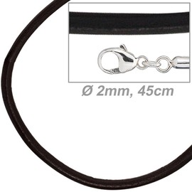2 mm Black Leather Cord Chain 925 Silver Unisex Leather 45 cm