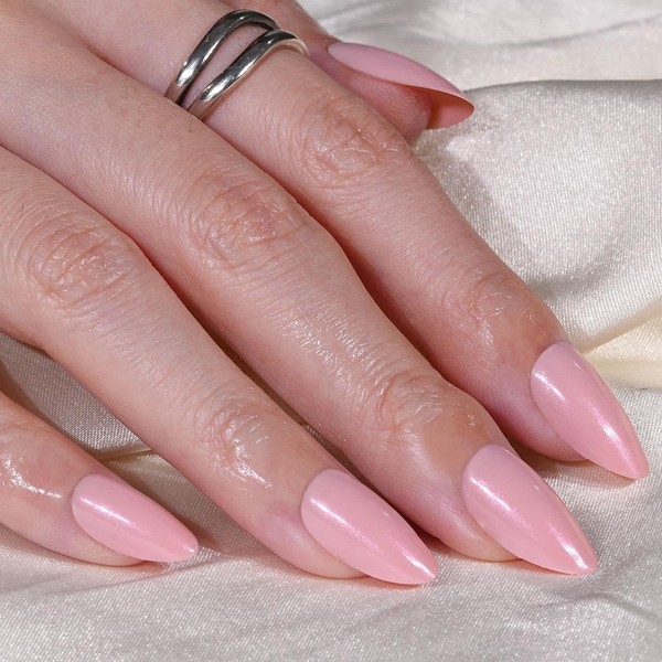 Pink Shimmer Press On Nails Almond, 32Pcs 16 Sizes Sparkly