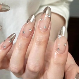 DANMANR French Fake Nails Medium Press on Almond Nails Gold Full Cover Acrylic Rhinestones Fake Nails for Women and Girls 24PCS