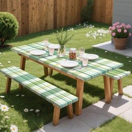 SAOLUIS Green Picnic Table Cover with Bench Covers, 3 Pcs Waterproof Elastic Picnic Table Cover Outdoor Camping Essentials, Windproof Fitted Tablecloth for Indoor Outdoor (Plaid, 72X30 Inch)