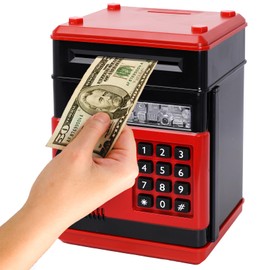 LittleStar Piggy Bank for Boys Girls, Kids Mini ATM Money Banks, Best Christmas Birthday Toy Gifts for Kids, Children Safe Coin Bills Cash Banks Money Saving Box with Password Code Lock - Black+Red