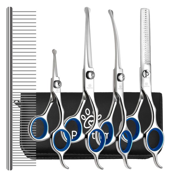 Pawtrim Professional Pet Grooming Kit – 6 in 1 Dog Grooming Scissor Kit - Dog & Cat Grooming Supplies - Adjustable Screw Scissors, 4CR Stainless Steel Dog Clippers, Hair Thinning Shears, Rubber Grips