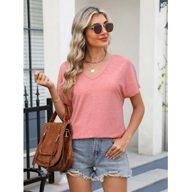 Women's V Neck Short Sleeve T Shirts Summer Casual Basic Loose Fit Tees Top 2025 Coral