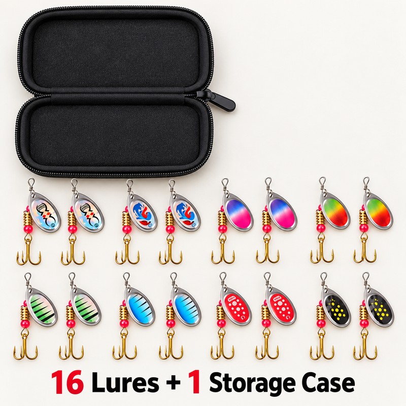 16-Piece Metal Spinner Fishing Lure Set with Portable Storage Bag