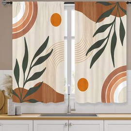 Famiffty Mid Century Boho Arch Kitchen Curtains Rod Pocket Abstract Geometric Modern Aesthetic Rainbow Small Short Cafe Curtains Leaves Sun Window Treatment Drapes Home Decor-27.5W X 39L Inch 2 Panels