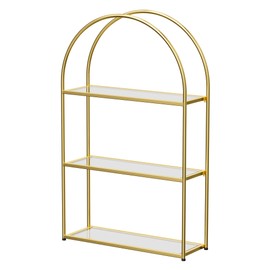 Crofy Gold Arched Frame Wall Shelf, Decorative 3 Tier Bathroom Wall Shelf with Transparent Tempered Glass Shelves and Robust Storage Capacity, 6" D x 17.9" W x 28.57" H