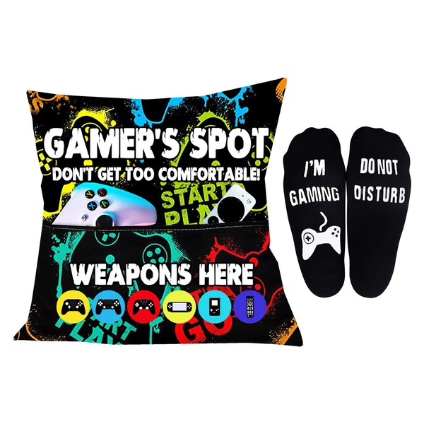 Gamer Gifts for Gamers, Pocket Design Throw Pillow Covers 18 x 18 Inch +Do Not Disturb I'm Gaming Funny Socks, Gaming Room Decor Stocking Stuffers Gaming for Teen Boys Girls Men Father Boyfriends