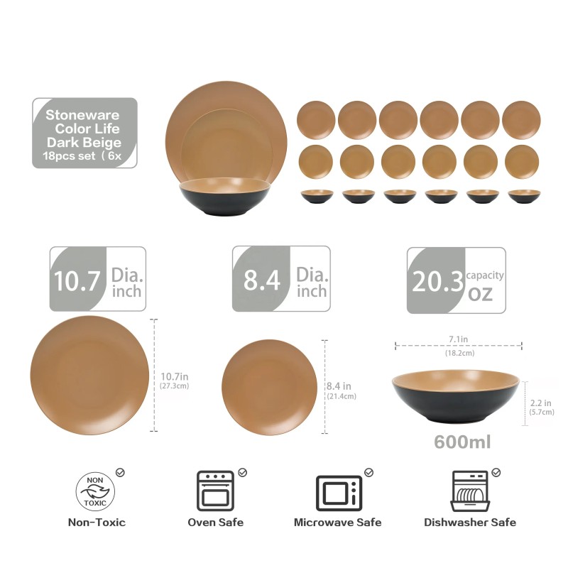 18Pc Darkbeige Elegant Cookware Plates Simple Design Stoneware Ceramic Dishes