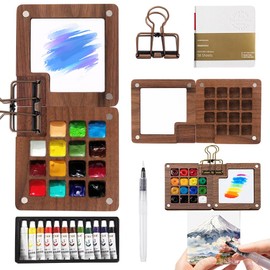 DASIAUTOEM 15 Colours Portable Watercolour Palette - Mini Watercolour Box with Clip, Magnetic Wooden Palette, Foldable Watercolour Paint Set with 8 Grids for Sketching & Travel