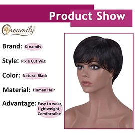 Creamily- Pelucas cortas de corte Pixie negro para mujeres negras, peluca de cabello humano con flequillo, peluca de cabello ondulado en capas para mu