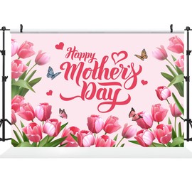 Ticuenicoa 5×3ft Happy Mother's Day Banner Decorations Red Pink Heart Butterfly Flowers Mothers Day Backdrop Mom Gifts for Indoor Home House Decor Party Supplies Background for Photography