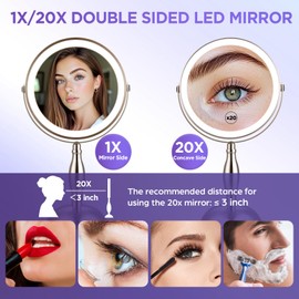 DASLAVA 20x Magnifying Mirror with Light, 3 Color Modes and Adjustable Brightness with Lighted Makeup Mirror, Side Charging Port & SideTouch Sensor, 360° Rotation Double Sided Brushed Nickel